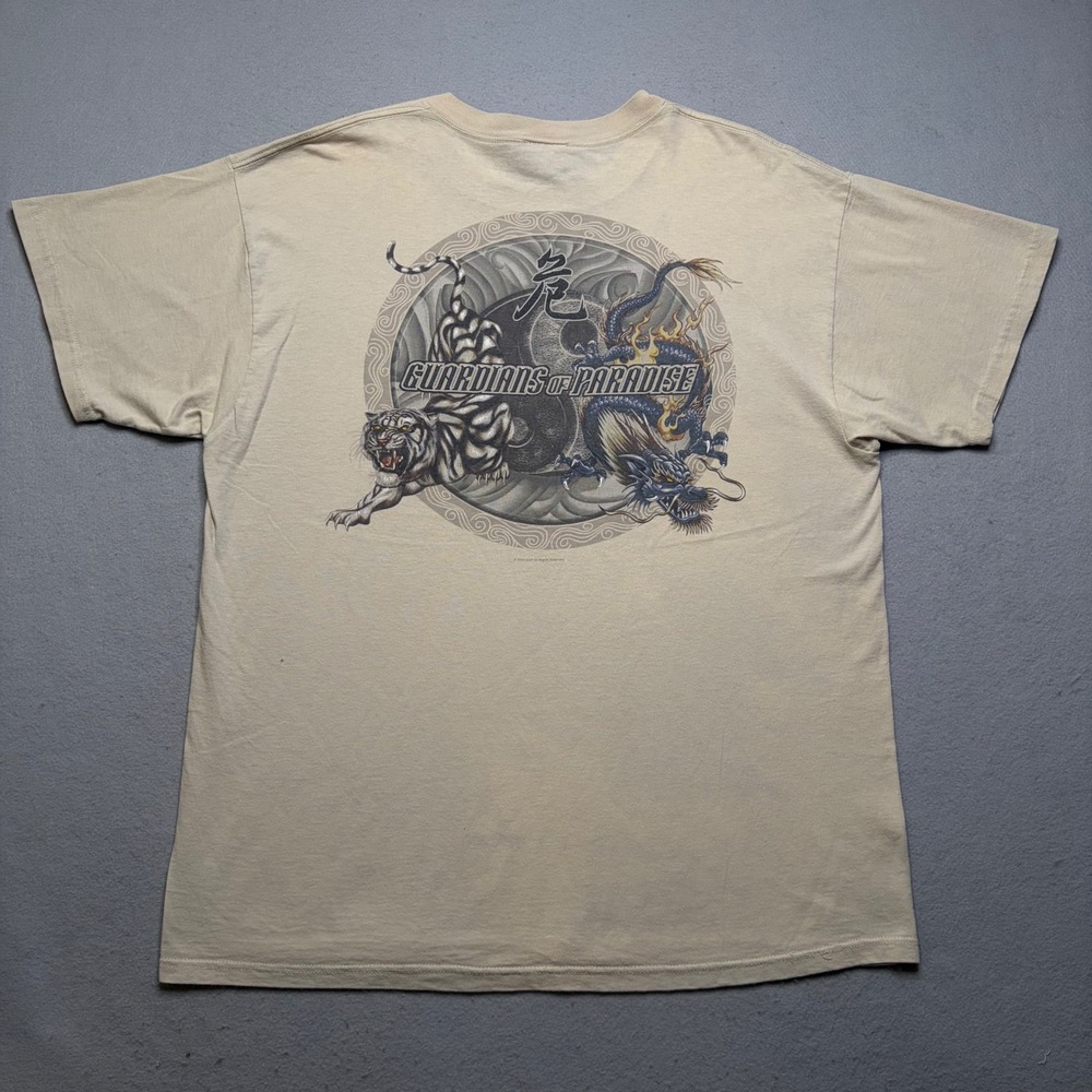 ODM T-Shirt Mens XL Tan Guardians of Paradise Dragon Tiger‎ Y2K Graphic Tee